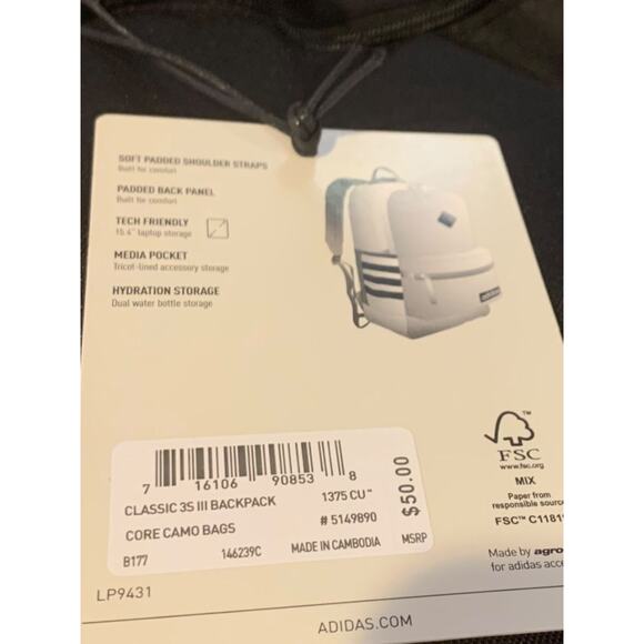 Adidas Unisex Classic 3S III Backpack New Legacy Green Camo Black One Size - Picture 9 of 9